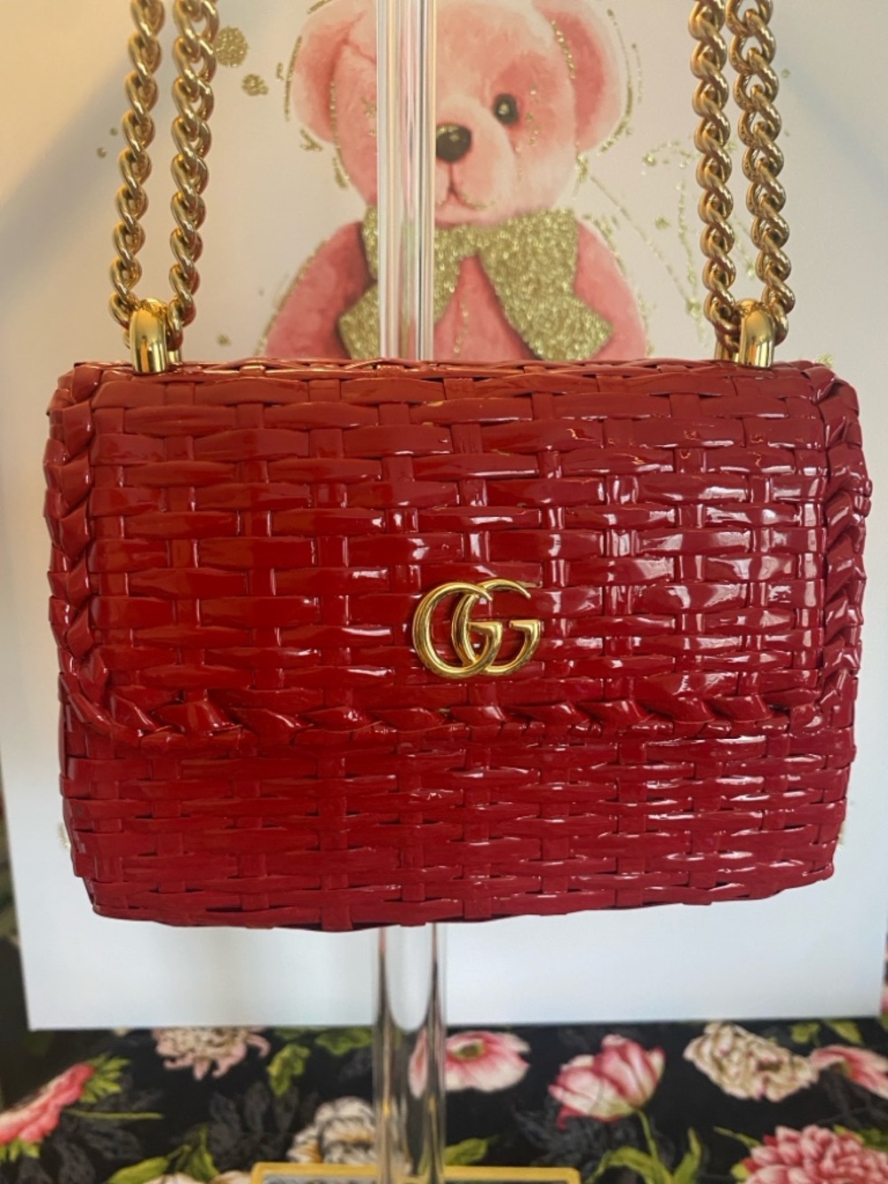 Gucci Red Wicker Woven Mormont  Shoulder Bag with Gold Chain - Picture 4 of 15
